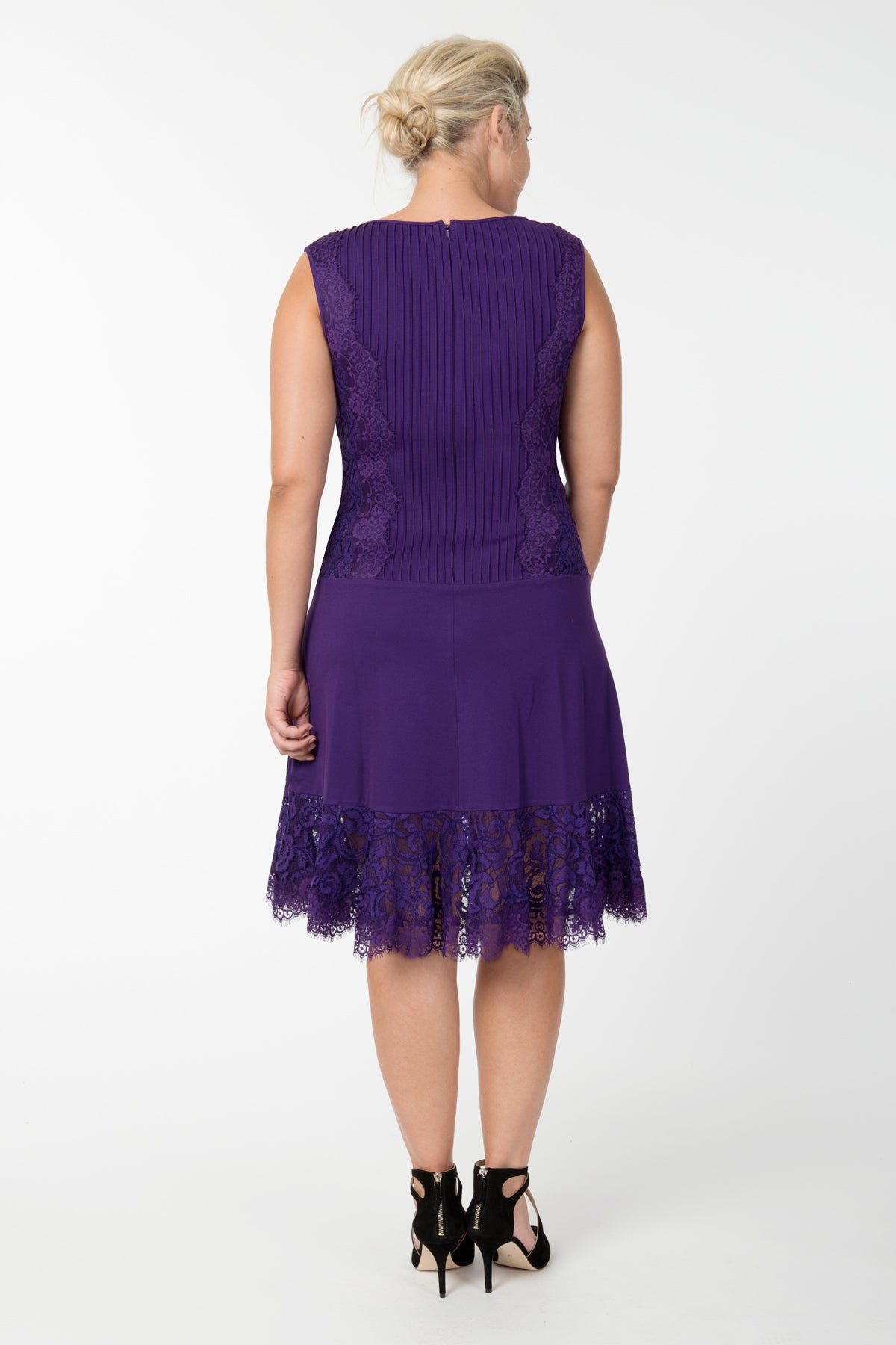 Pintuck Jersey Lace Panel Dress with Sheer Lace Detail in Deep Amethyst