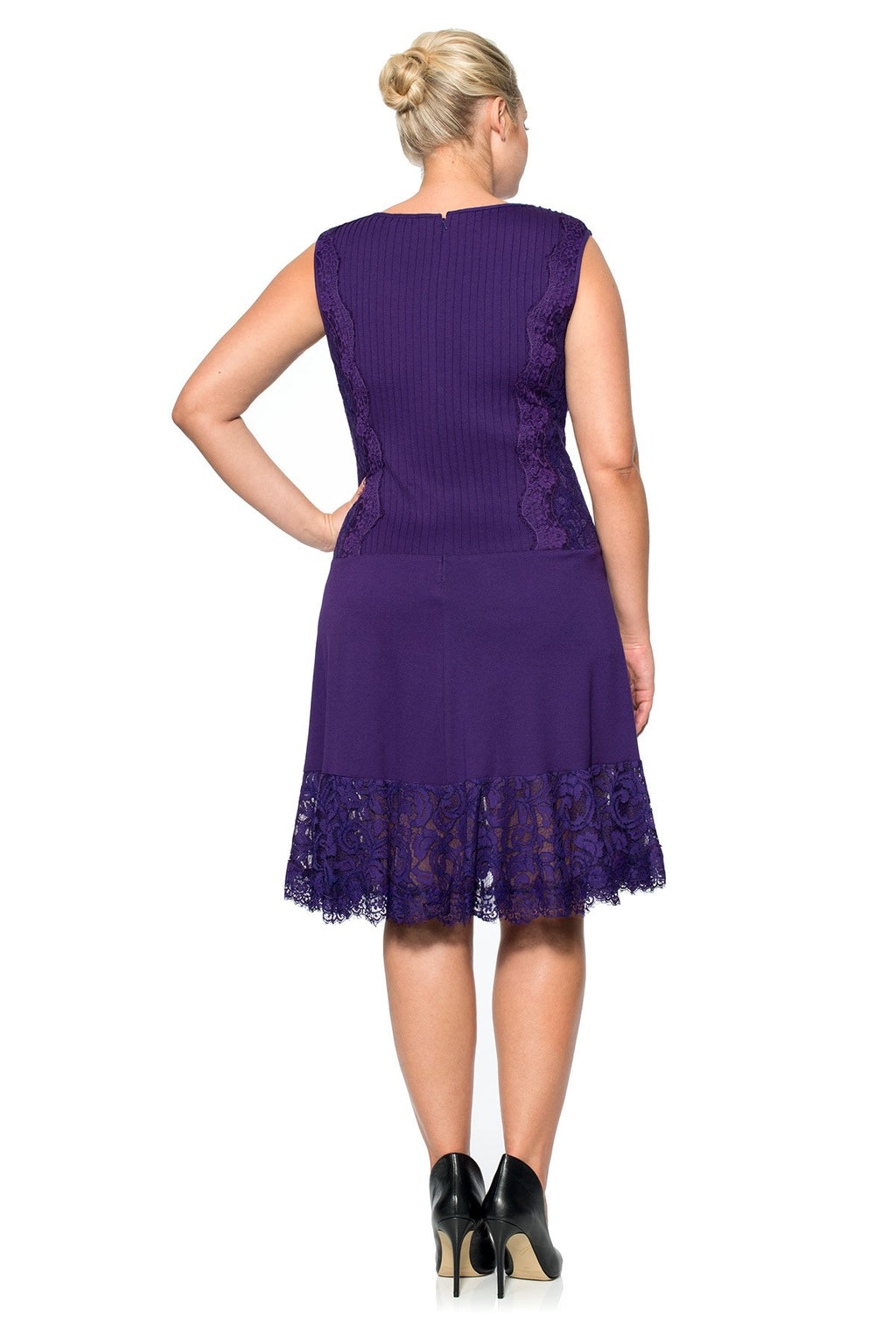 Pintuck Jersey Lace Panel Dress with Sheer Lace Detail in Deep Amethyst