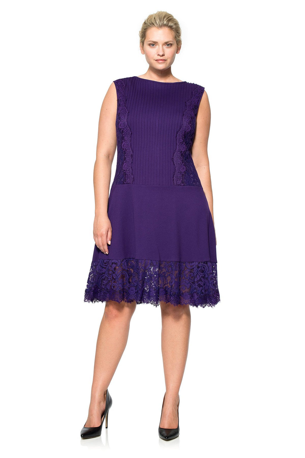 Pintuck Jersey Lace Panel Dress with Sheer Lace Detail in Deep Amethyst