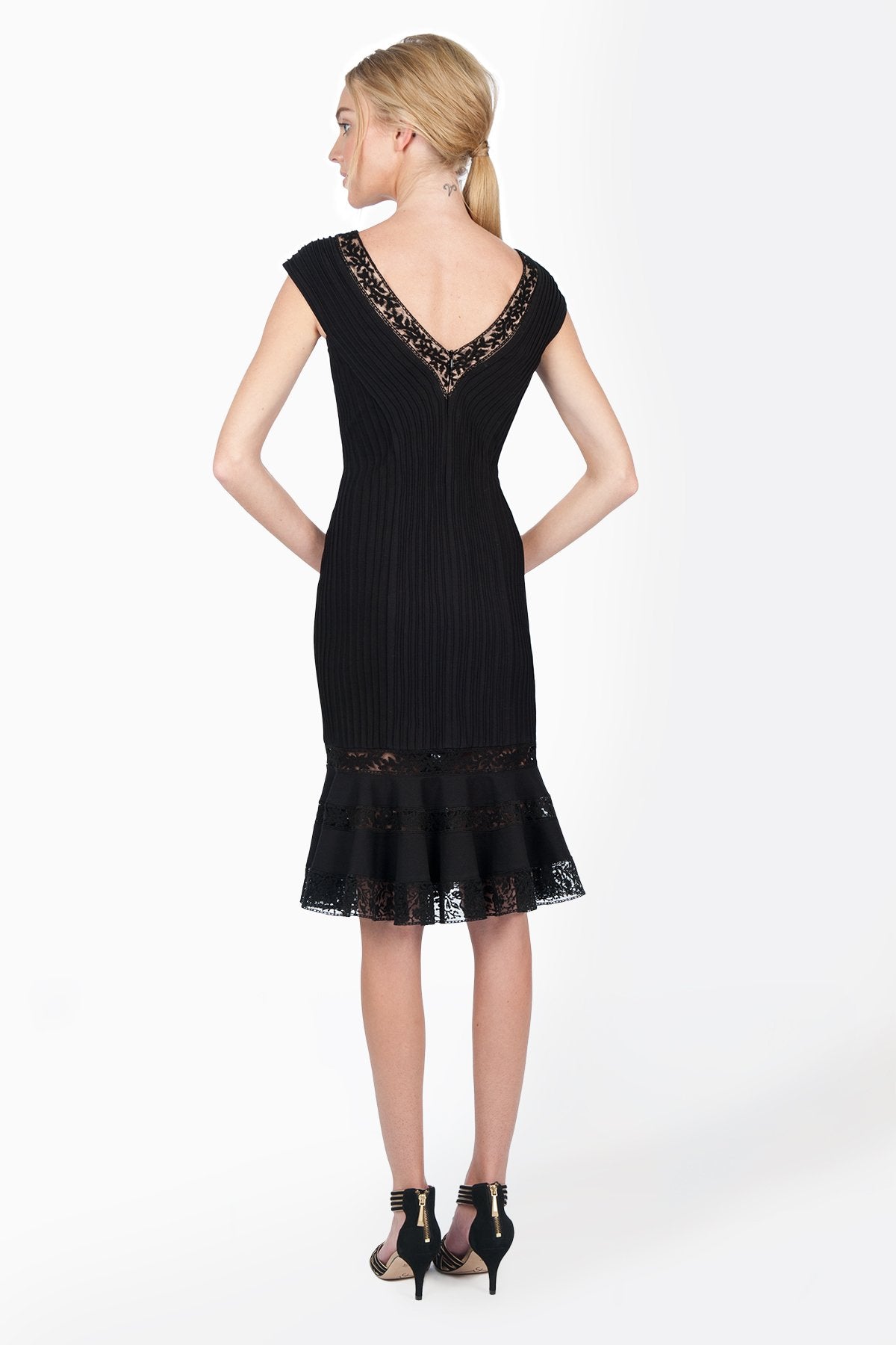 Pintuck Jersey V-Neck Cap Sleeve Dress with Sheer Lace Detail in Black / Nude