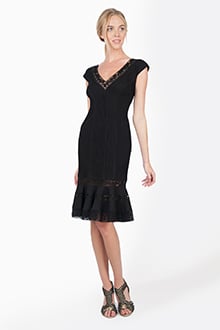 Pintuck Jersey V-Neck Cap Sleeve Dress with Sheer Lace Detail in Black / Nude