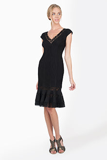 Pintuck Jersey V-Neck Cap Sleeve Dress with Sheer Lace Detail in Black / Nude