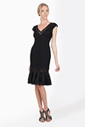 Pintuck Jersey V-Neck Cap Sleeve Dress with Sheer Lace Detail in Black / Nude
