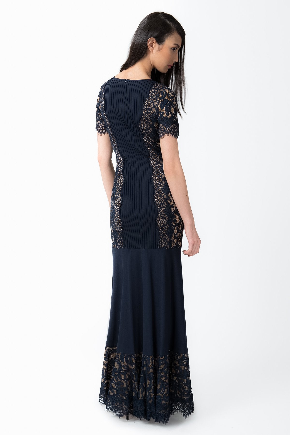 Side Panel Lace and Pintuck Jersey Gown in Navy / Nude