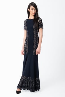 Side Panel Lace and Pintuck Jersey Gown in Navy / Nude