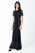 Side Panel Lace and Pintuck Jersey Gown in Navy / Nude