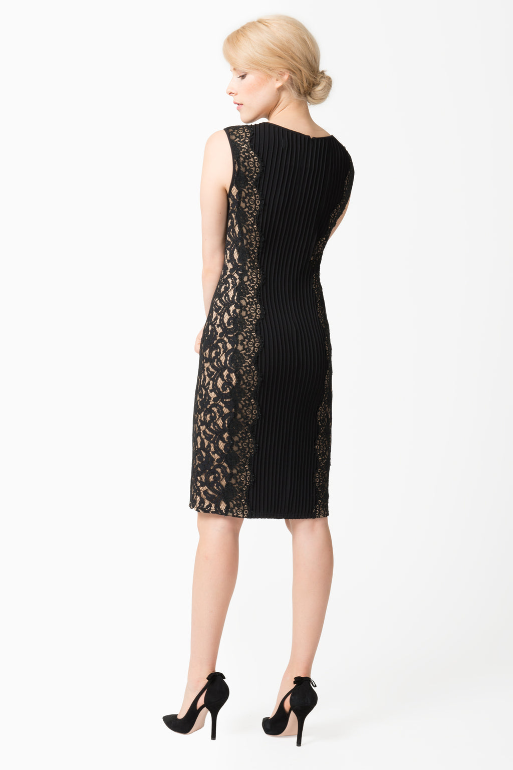 Pintuck Jersey Side Panel Lace Dress in Black / Nude
