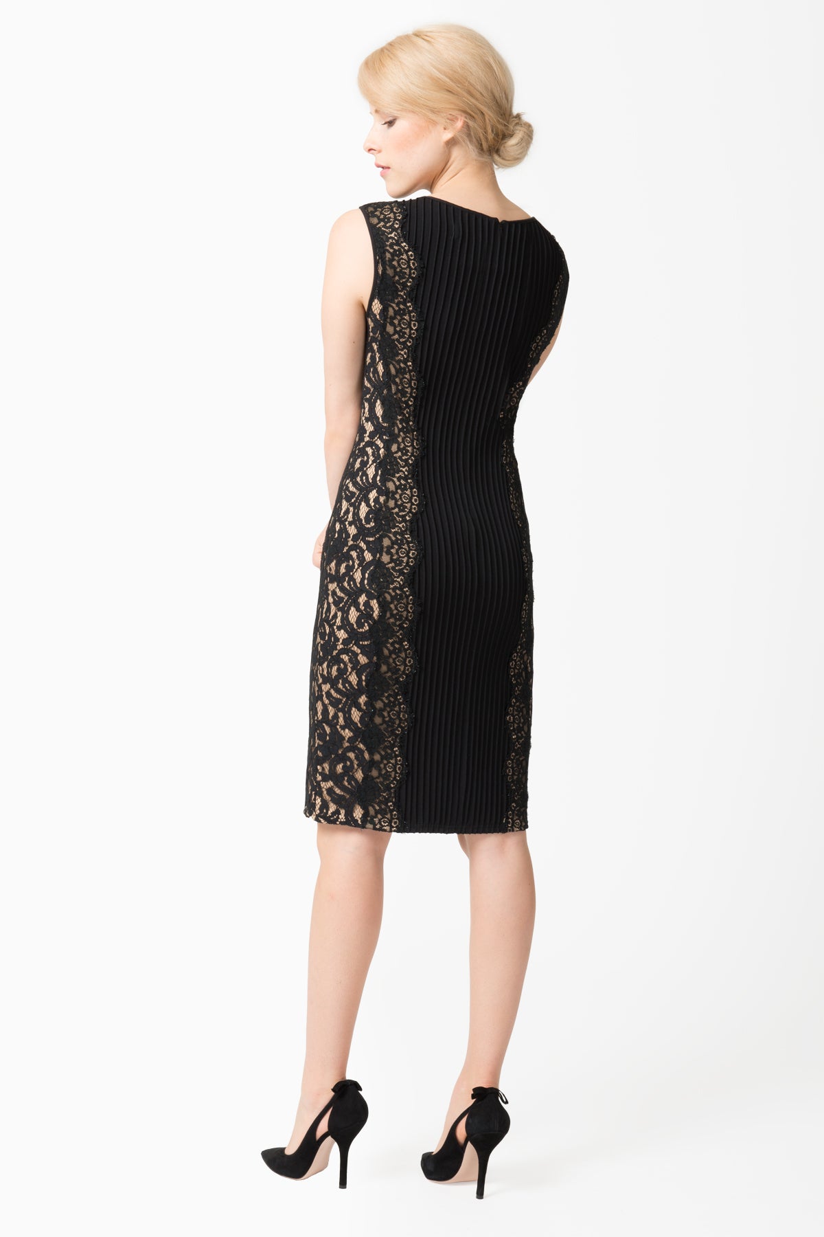 Pintuck Jersey Side Panel Lace Dress in Black / Nude
