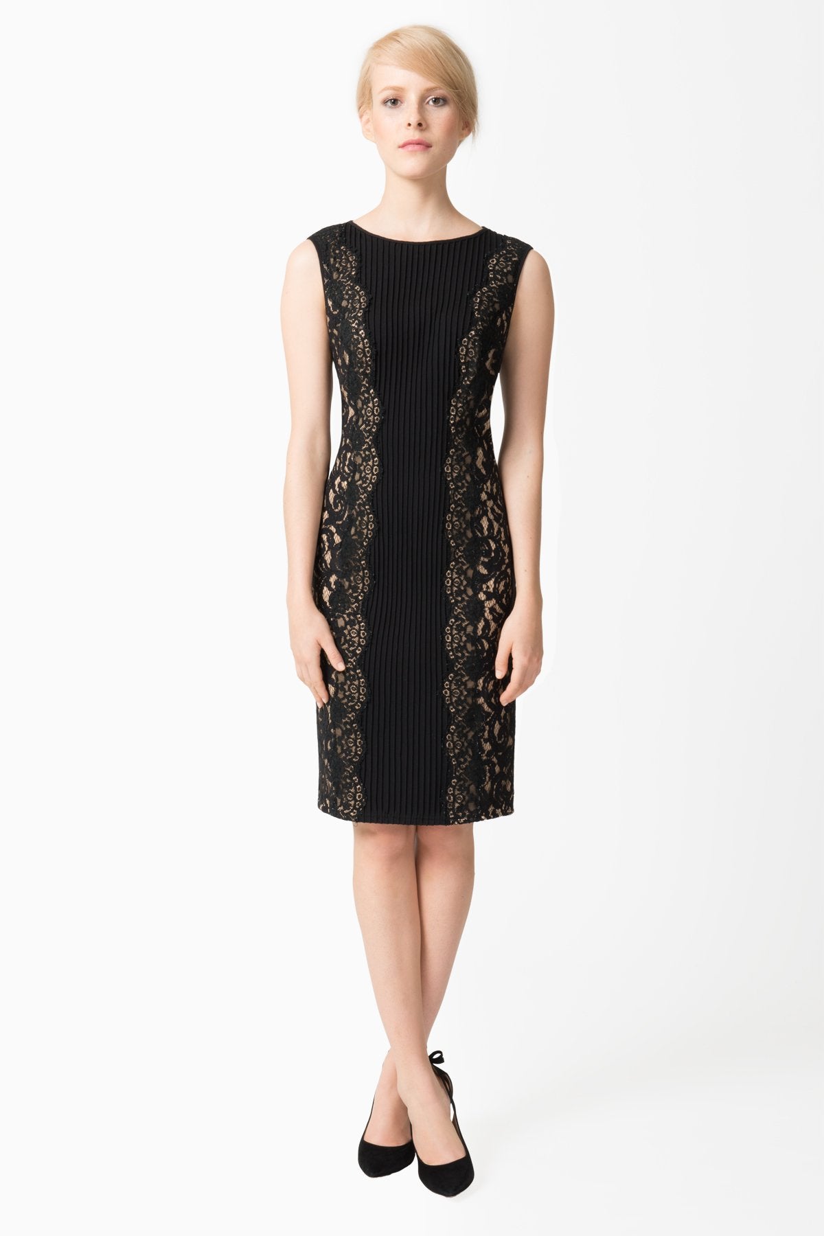 Pintuck Jersey Side Panel Lace Dress in Black / Nude