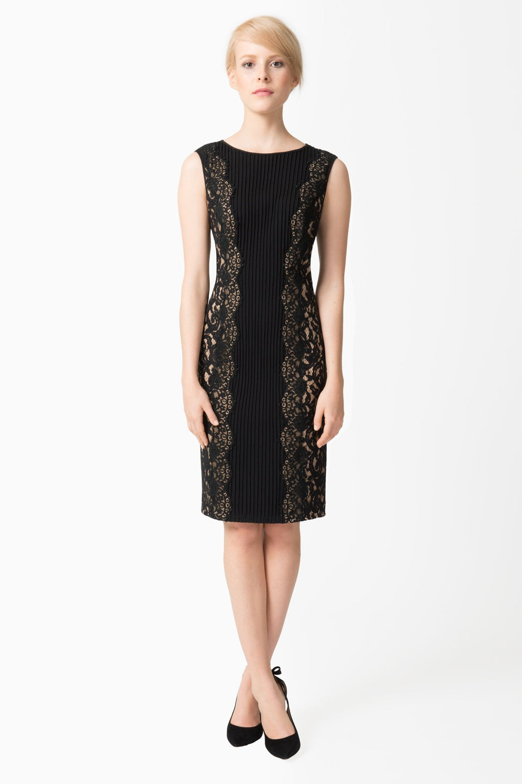 Pintuck Jersey Side Panel Lace Dress in Black / Nude