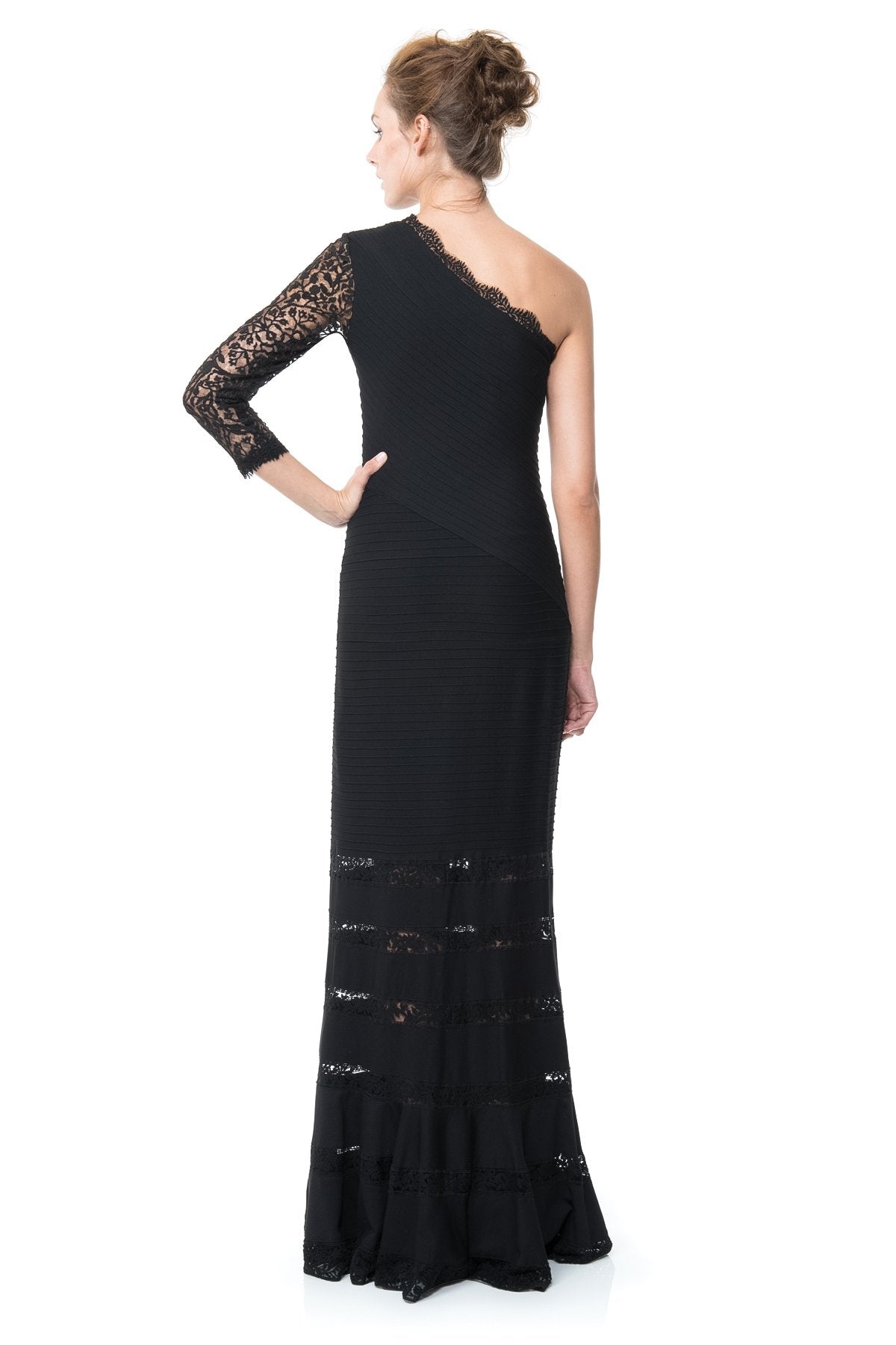 Pintuck Jersey One Shoulder Gown with Lace Sleeve in Black