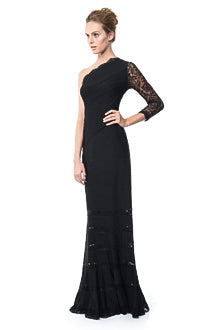 Pintuck Jersey One Shoulder Gown with Lace Sleeve in Black