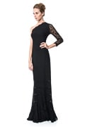 Pintuck Jersey One Shoulder Gown with Lace Sleeve in Black