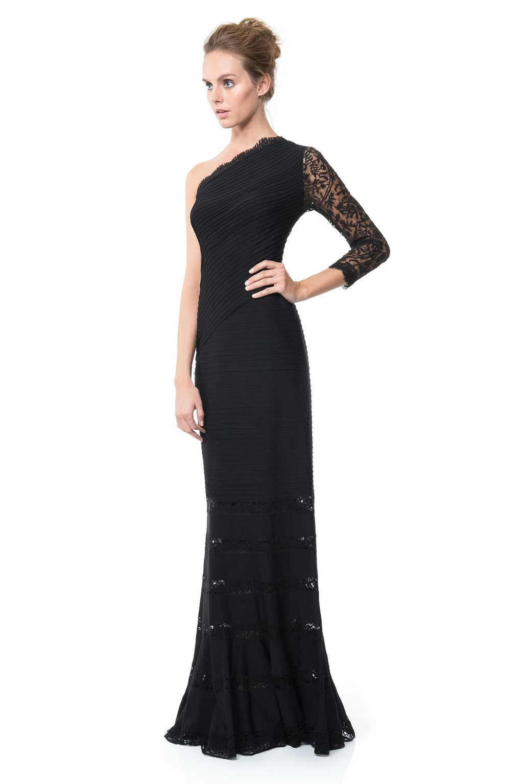 Pintuck Jersey One Shoulder Gown with Lace Sleeve in Black