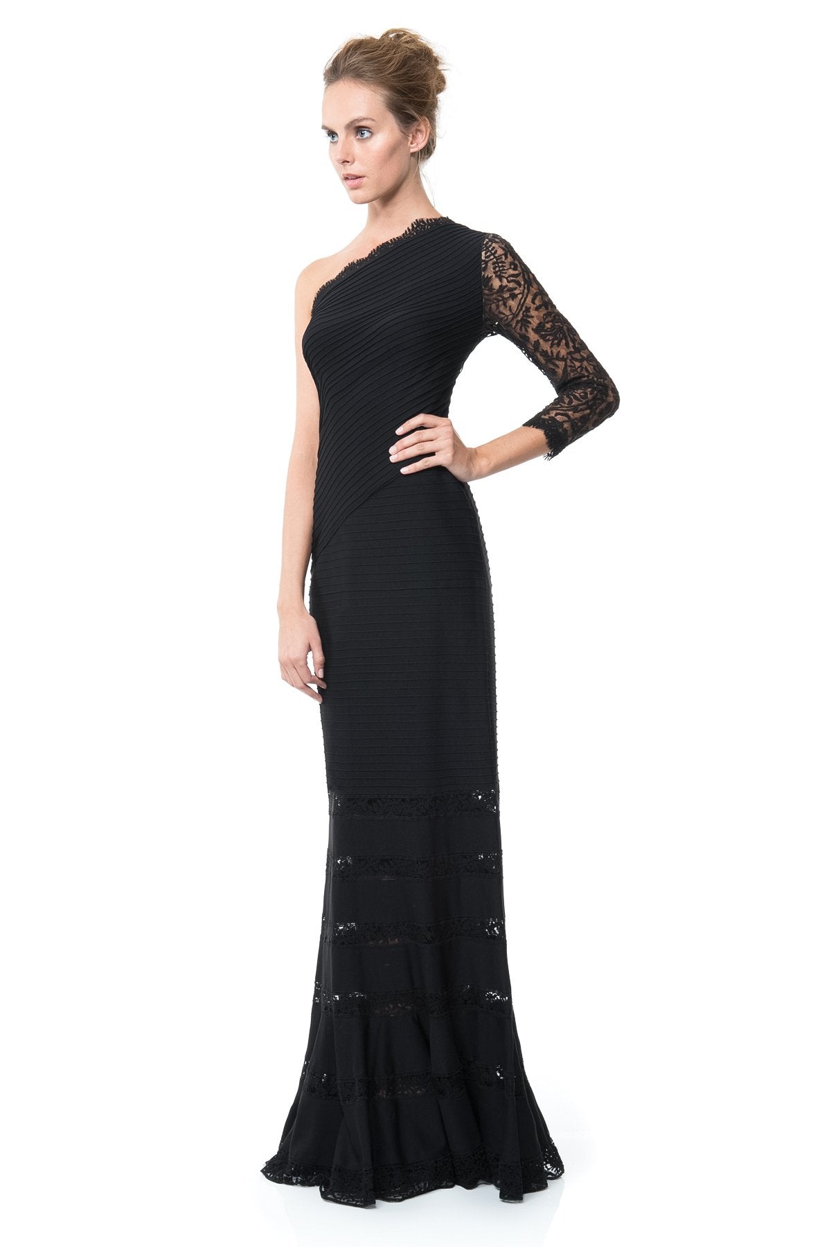 Pintuck Jersey One Shoulder Gown with Lace Sleeve in Black