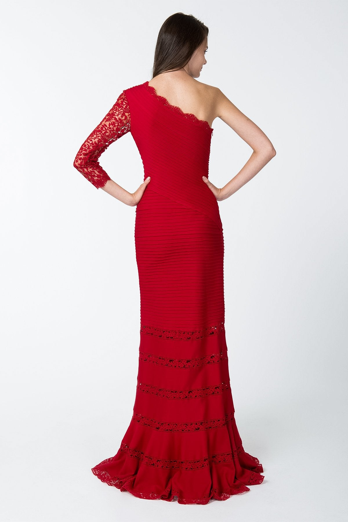 Pintuck Jersey One Shoulder Gown with Lace Sleeve in Deep Red