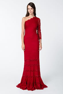 Pintuck Jersey One Shoulder Gown with Lace Sleeve in Deep Red