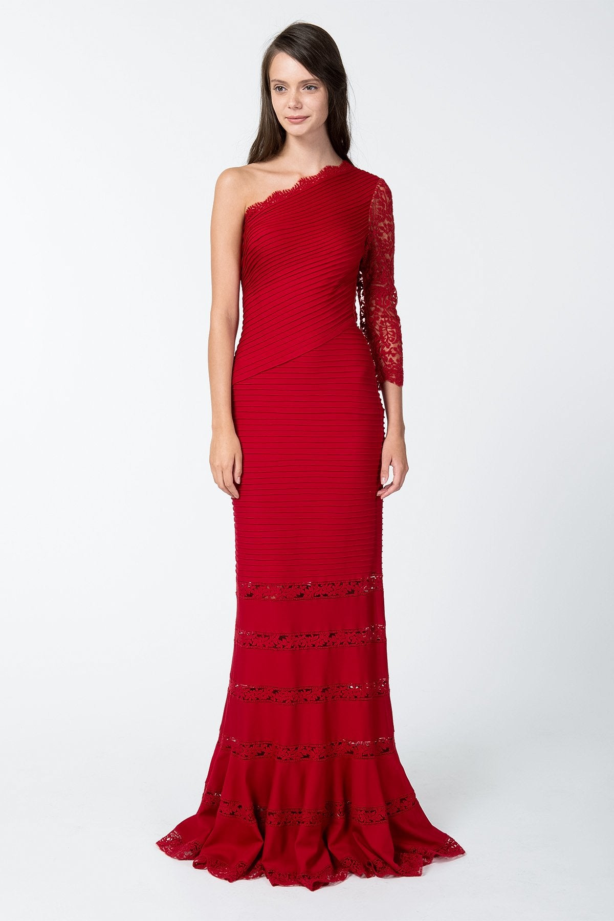Pintuck Jersey One Shoulder Gown with Lace Sleeve in Deep Red