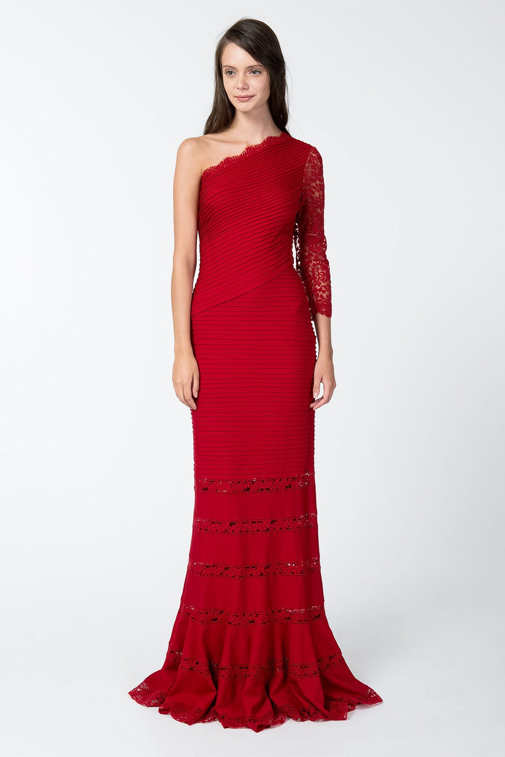 Pintuck Jersey One Shoulder Gown with Lace Sleeve in Deep Red