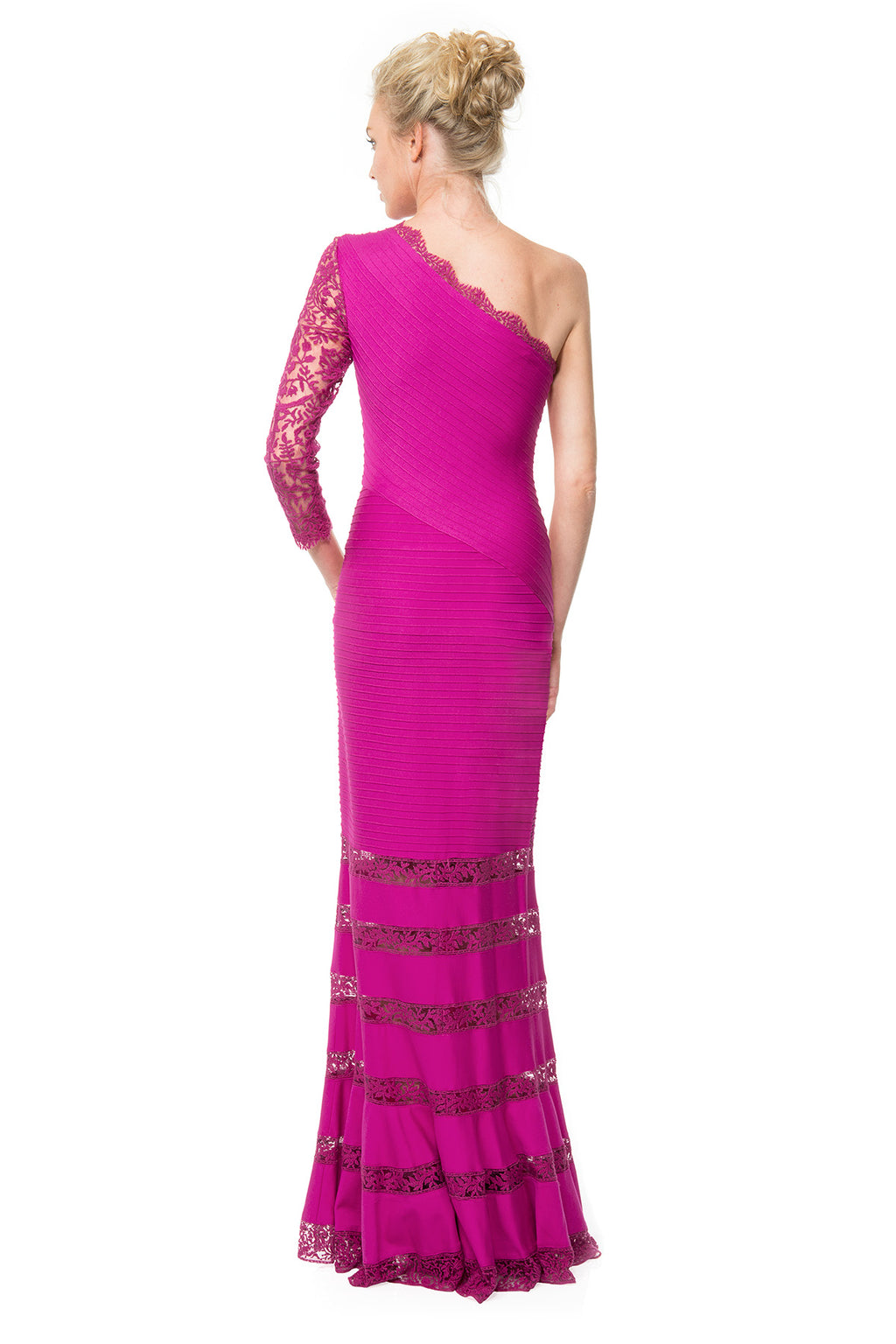 Pintuck Jersey One Shoulder Gown with Lace Sleeve in Wild Orchid