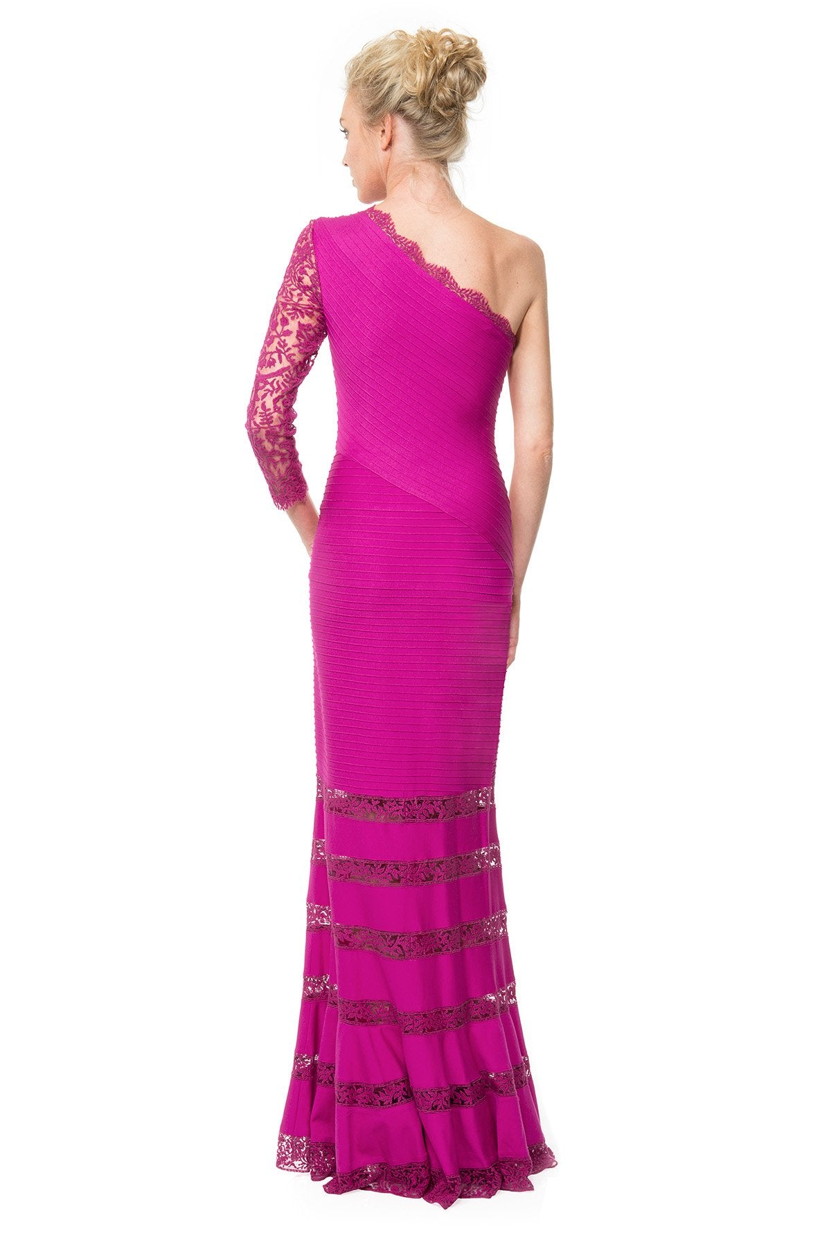 Pintuck Jersey One Shoulder Gown with Lace Sleeve in Wild Orchid