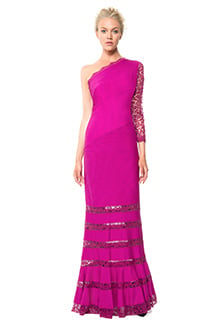 Pintuck Jersey One Shoulder Gown with Lace Sleeve in Wild Orchid
