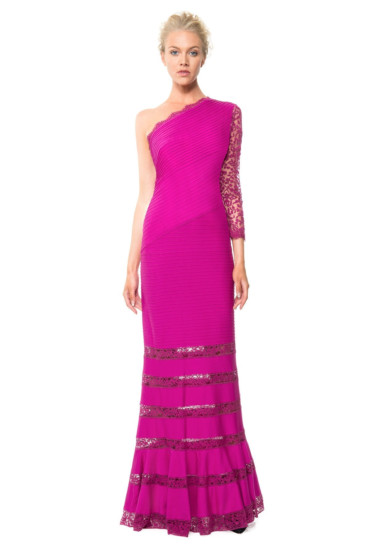 Pintuck Jersey One Shoulder Gown with Lace Sleeve in Wild Orchid