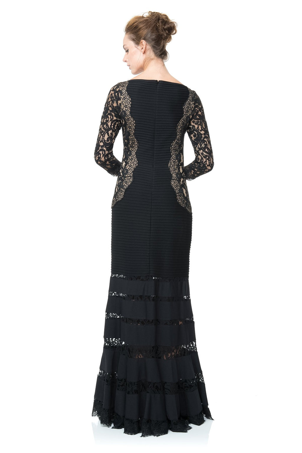 Pintuck Jersey and Lace ¾ Sleeve Gown in Black / Nude