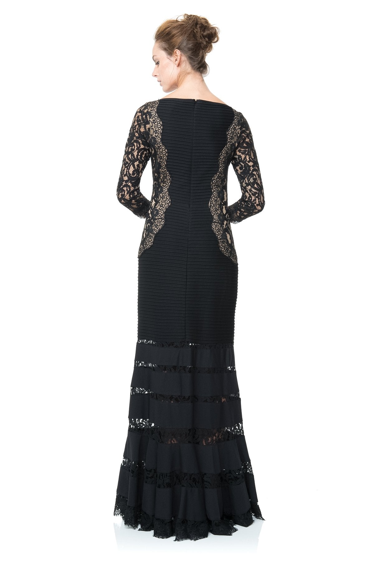 Pintuck Jersey and Lace ¾ Sleeve Gown in Black / Nude
