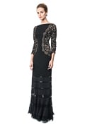 Pintuck Jersey and Lace ¾ Sleeve Gown in Black / Nude