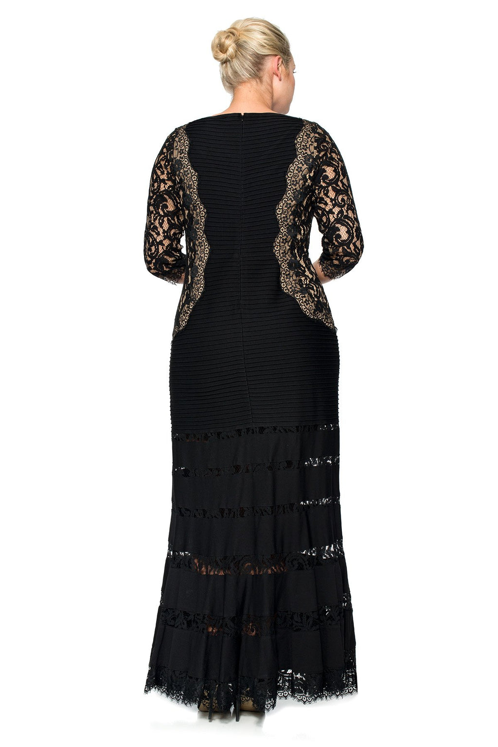 Pintuck Jersey and Lace ¾ Sleeve Gown