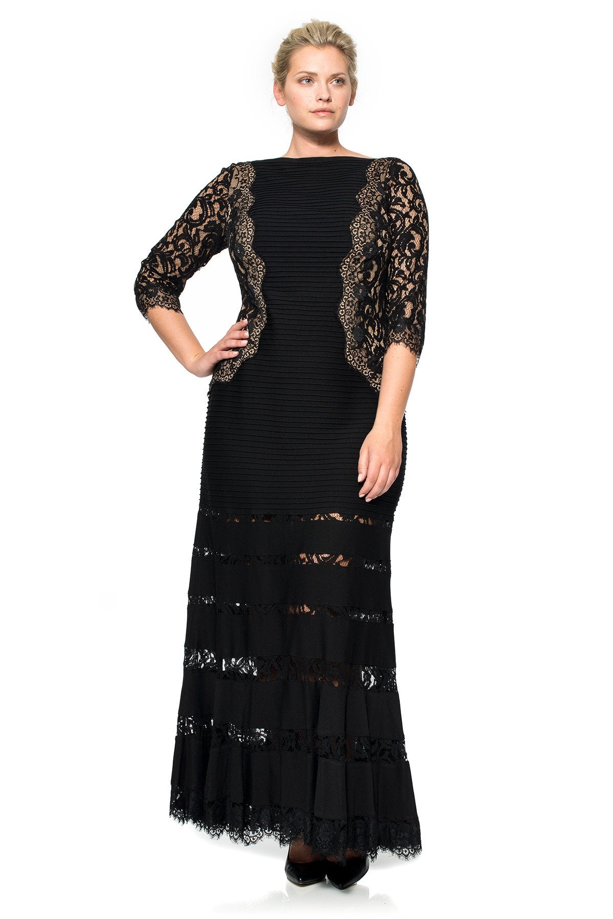 Pintuck Jersey and Lace ¾ Sleeve Gown