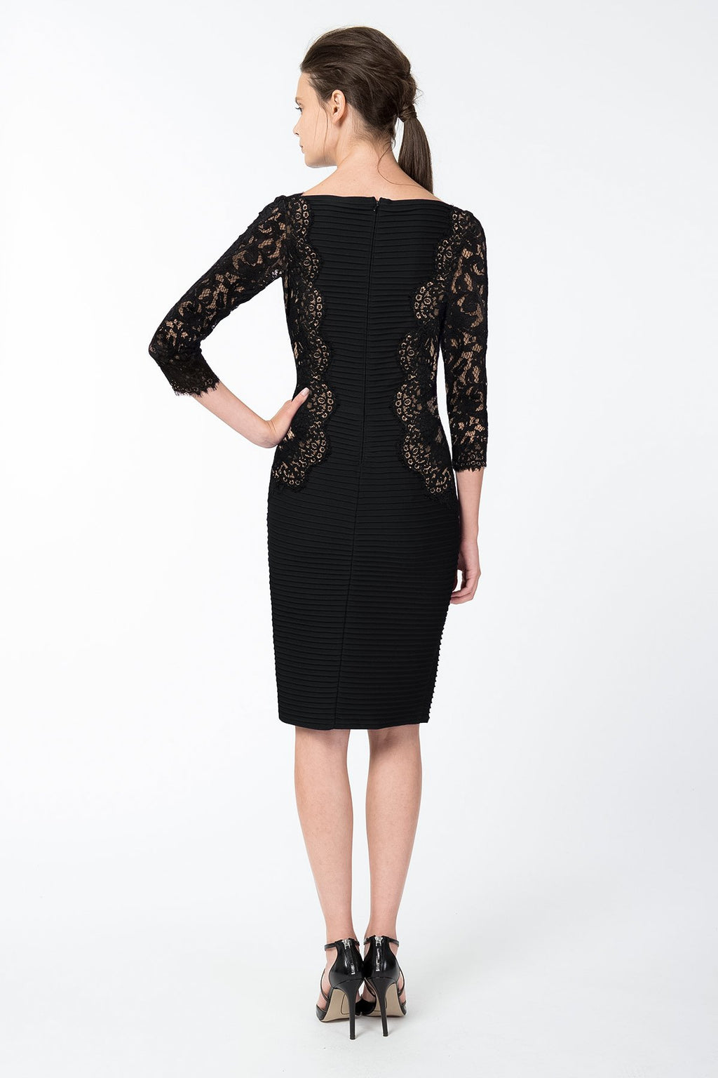 Pintuck Jersey and Lace ¾ Sleeve Dress in Black / Nude