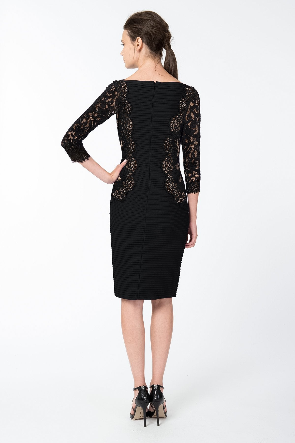 Pintuck Jersey and Lace ¾ Sleeve Dress in Black / Nude