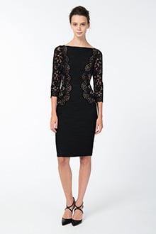 Pintuck Jersey and Lace ¾ Sleeve Dress in Black / Nude
