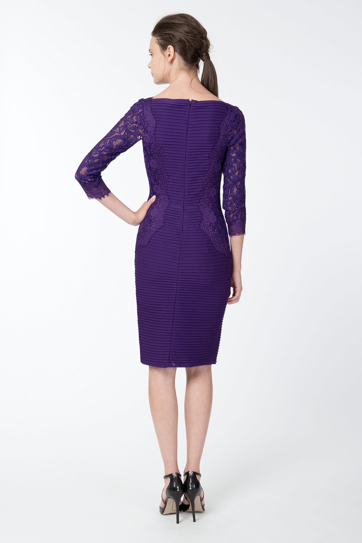 Pintuck Jersey and Lace ¾ Sleeve Dress