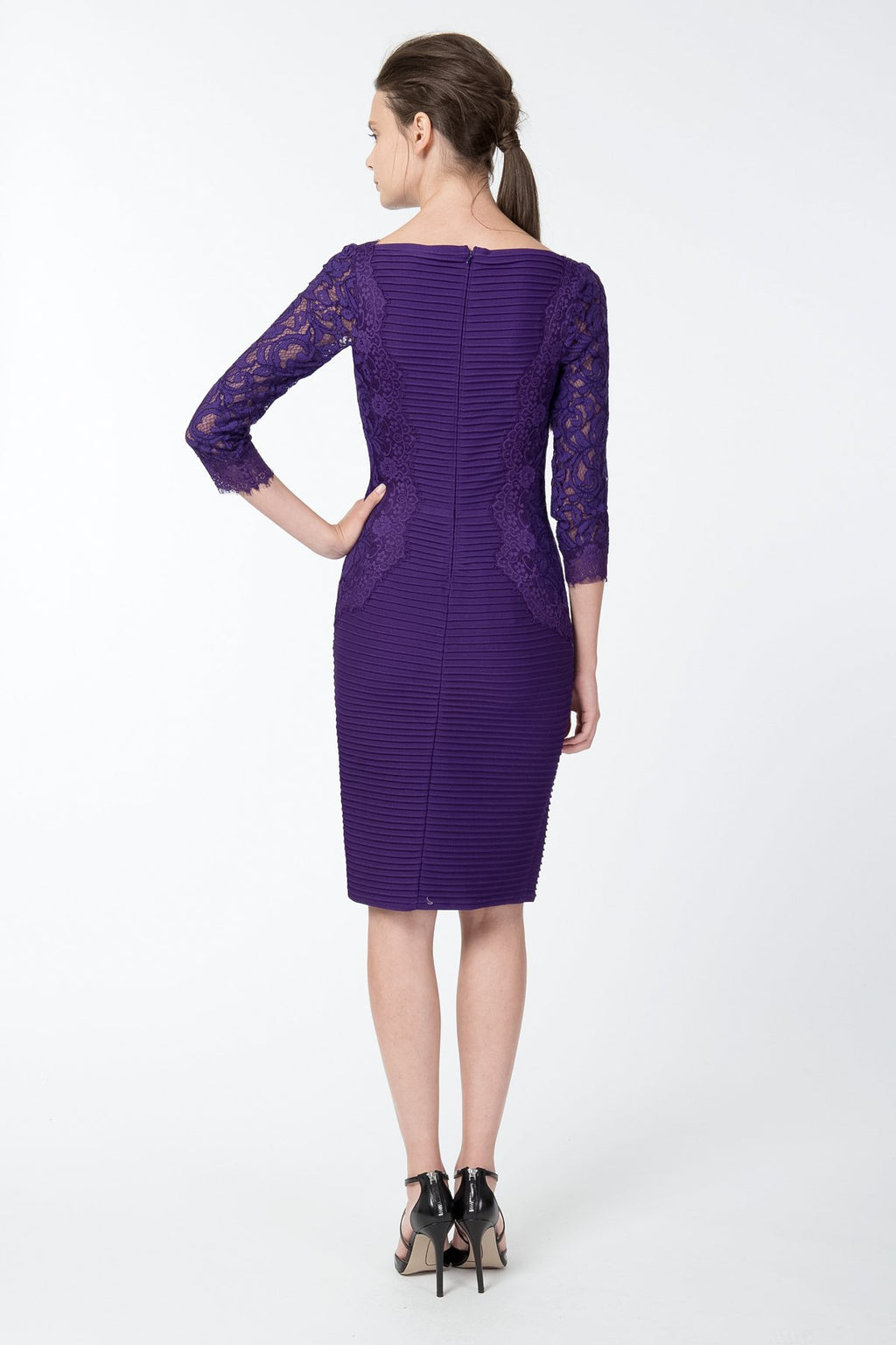 Pintuck Jersey and Lace ¾ Sleeve Dress