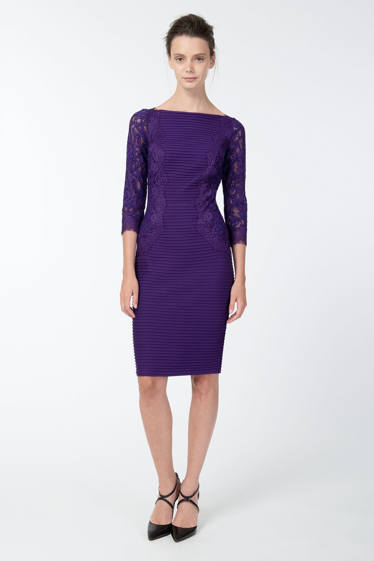 Pintuck Jersey and Lace ¾ Sleeve Dress