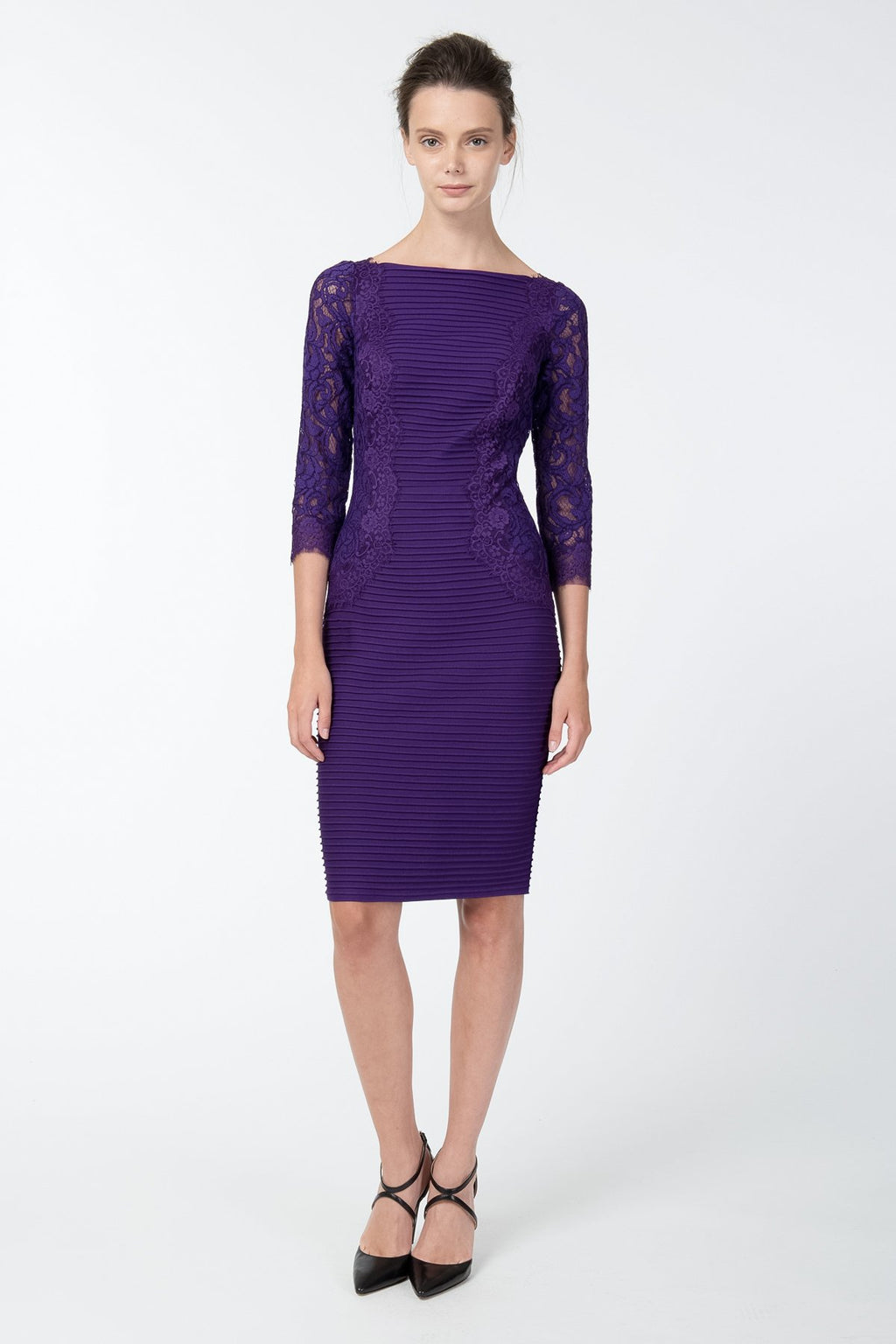 Pintuck Jersey and Lace ¾ Sleeve Dress
