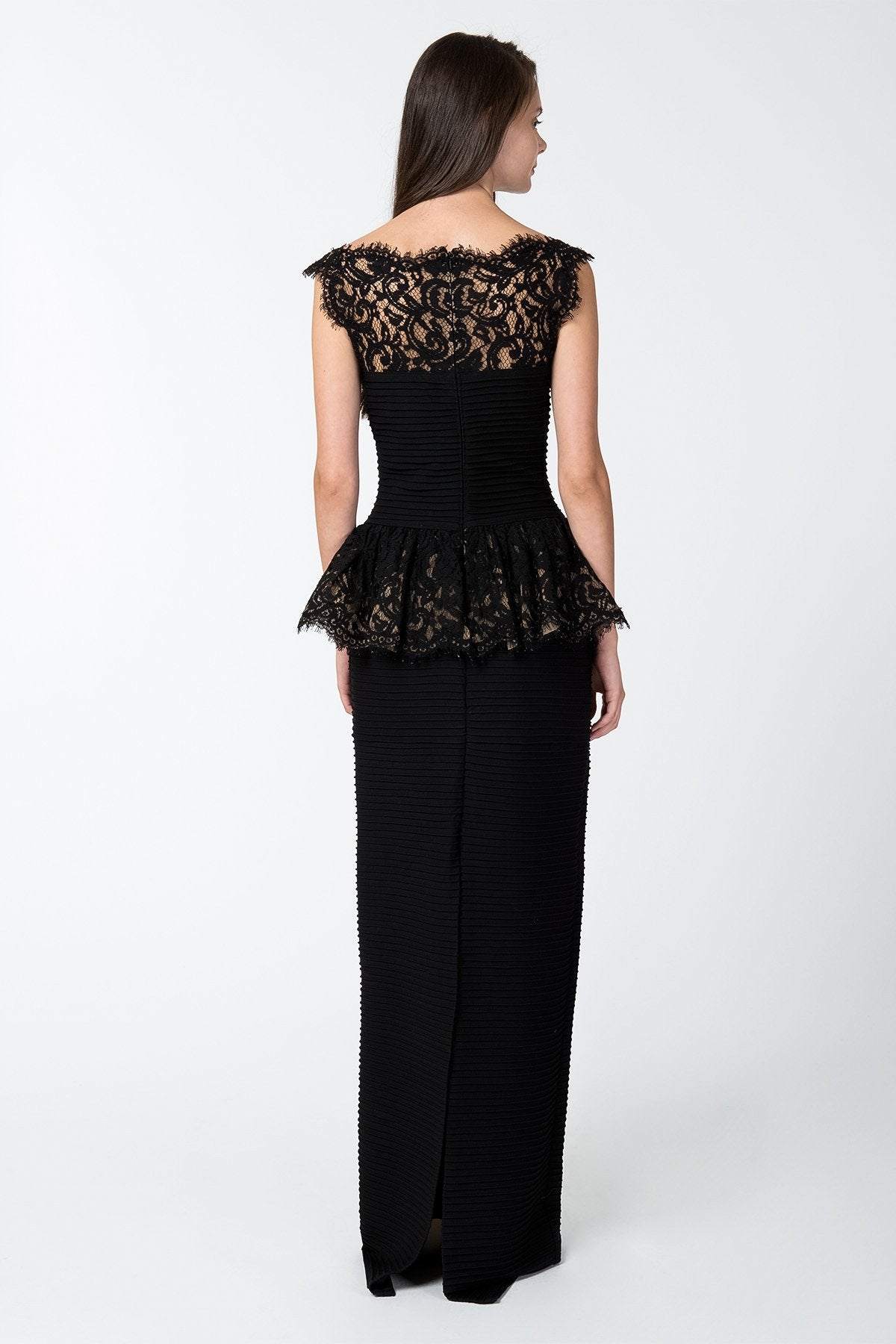Pintuck Lace Peplum Cocktail Gown in Black / Nude