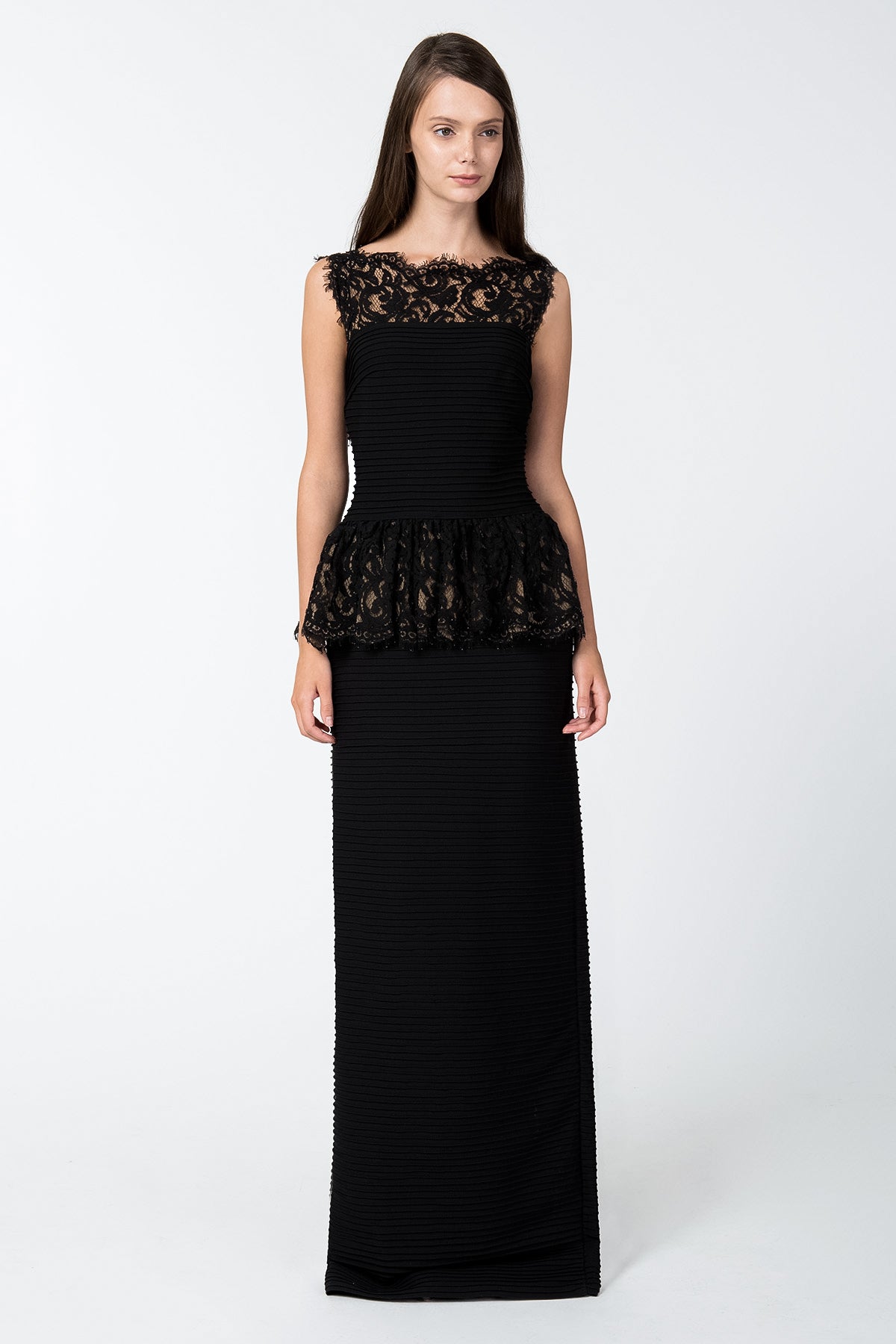 Pintuck Lace Peplum Cocktail Gown in Black / Nude