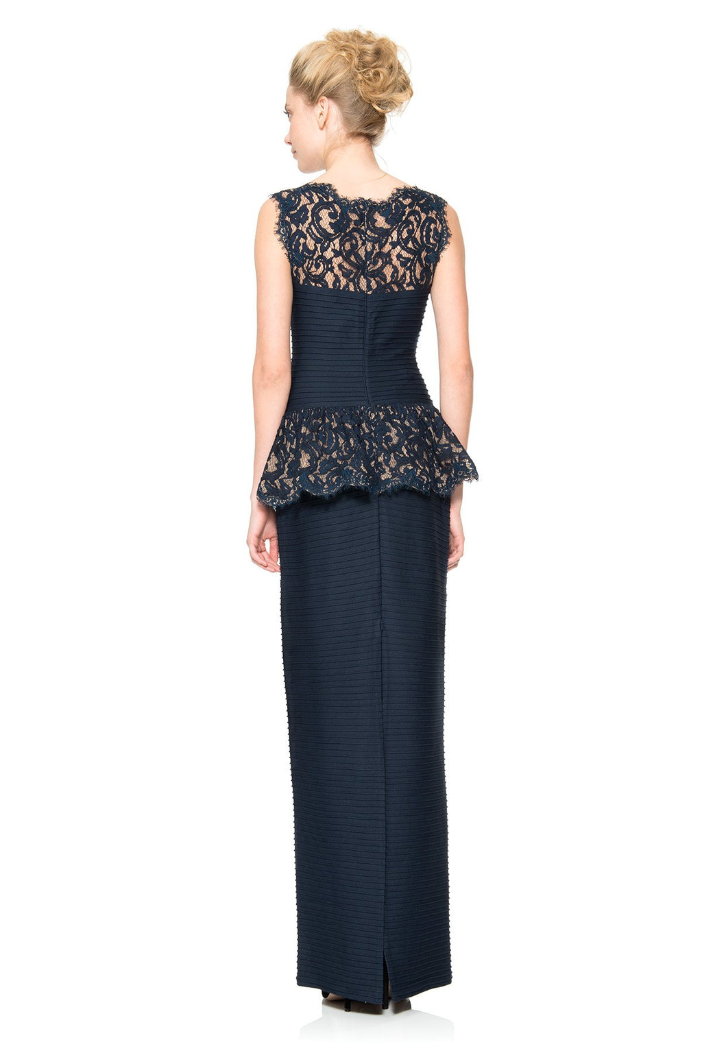 Pintuck Lace Peplum Cocktail Gown in Navy / Nude