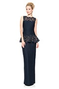 Pintuck Lace Peplum Cocktail Gown in Navy / Nude