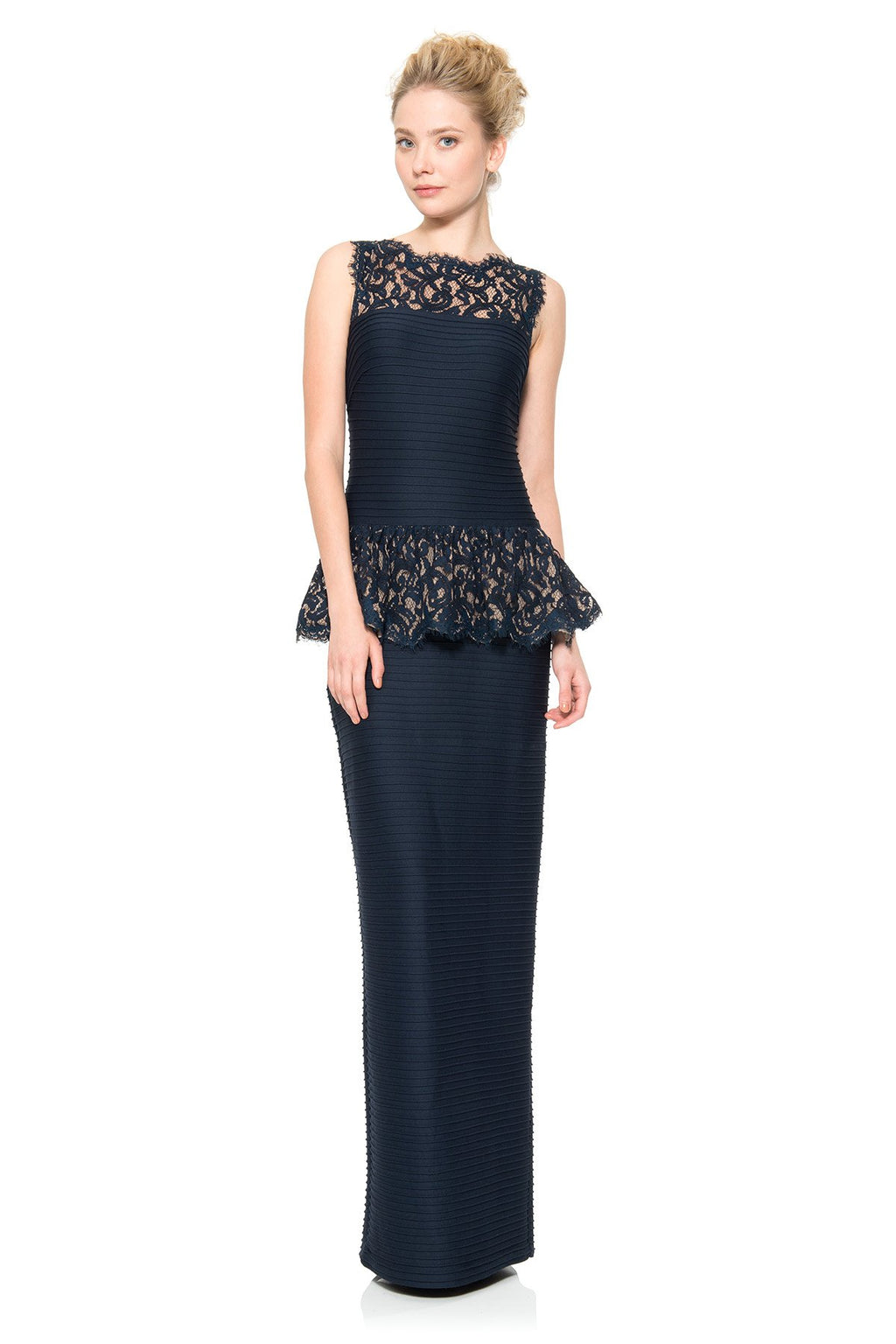 Pintuck Lace Peplum Cocktail Gown in Navy / Nude
