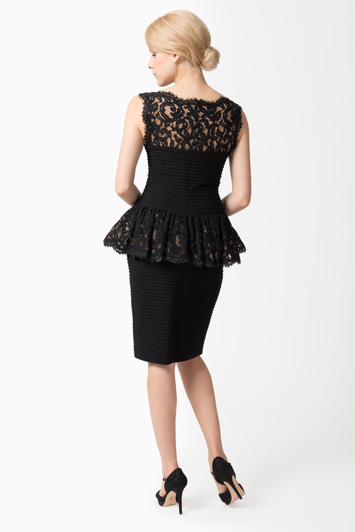 Pintuck Lace Peplum Cocktail Dress in Black / Nude