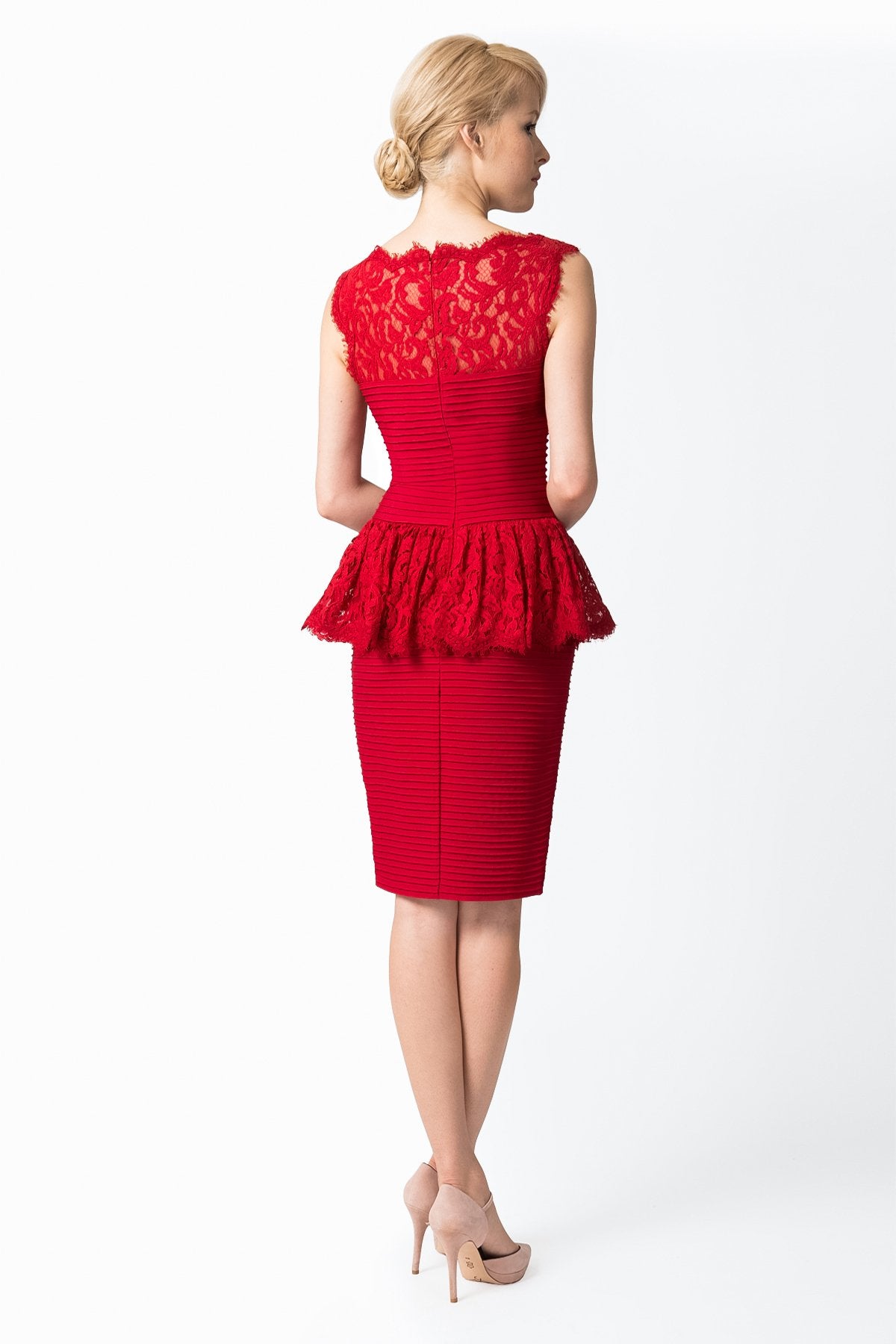 Pintuck Lace Peplum Cocktail Dress in Deep Red
