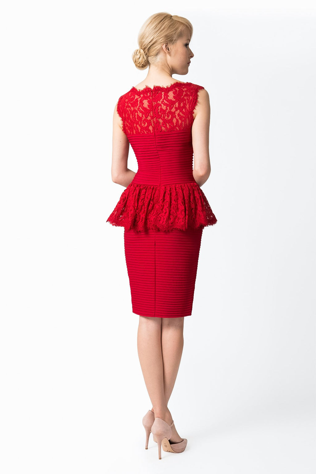 Pintuck Lace Peplum Cocktail Dress in Deep Red