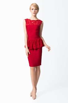 Pintuck Lace Peplum Cocktail Dress in Deep Red