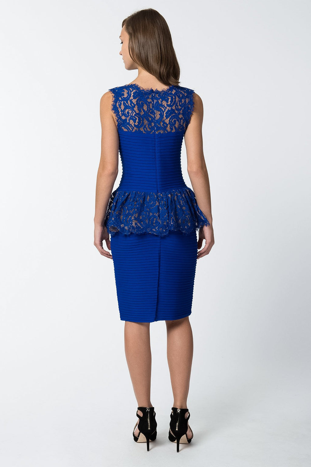 Pintuck Lace Peplum Cocktail Dress in Marina