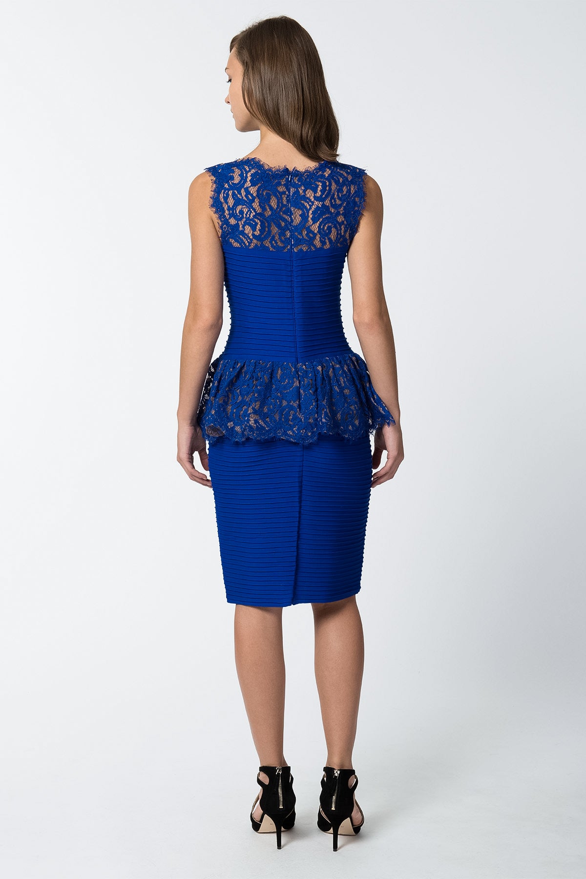 Pintuck Lace Peplum Cocktail Dress in Marina